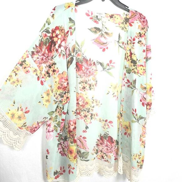 Umgee Floral Kimono Crochet Trim Mint Green S - Picture 3 of 7